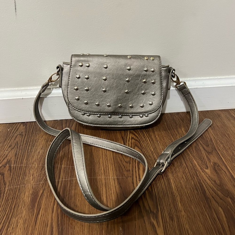 Under One Sky Silver Leather Studded Crossbody Bag